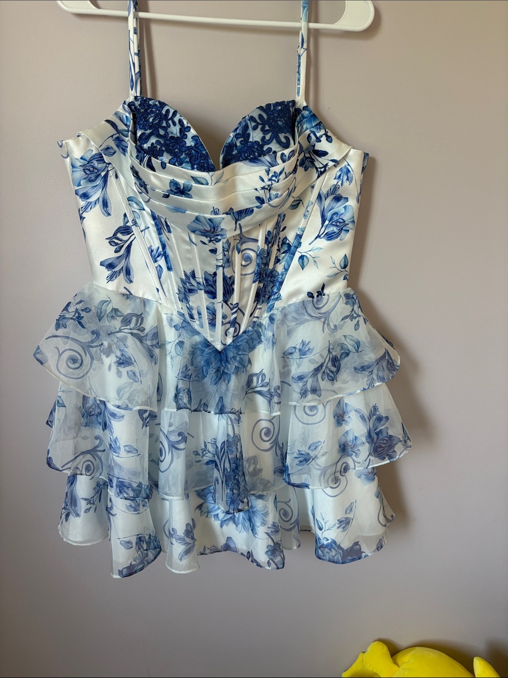 White and Blue Floral Ruffle Corset Mini Dress